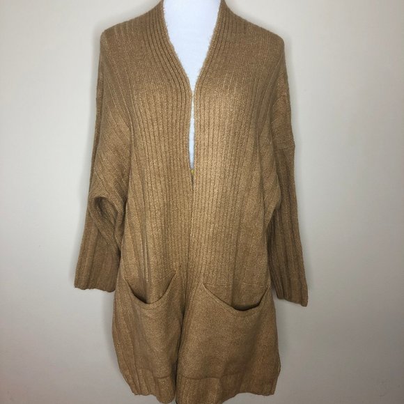 Topshop Long Cardigan Golden Brown Oversized Open Front with Pockets Medium NEW - Picture 2 of 6